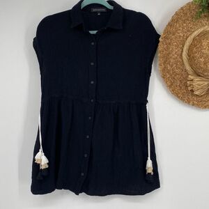 Gibsonlook Women's Gauzy Button Down‎ Mini Dress Coverup With Tassels Black 2XS